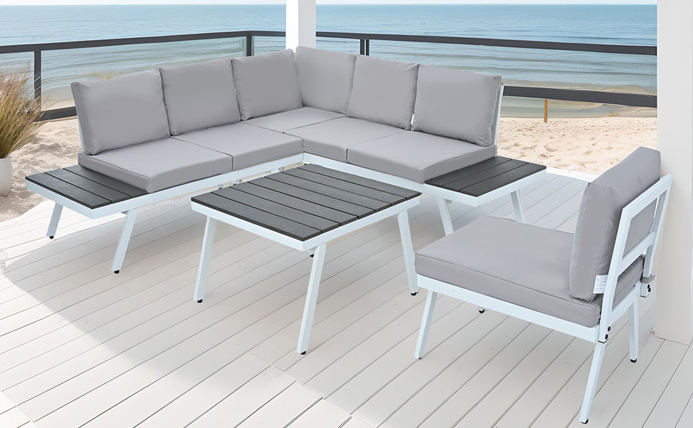 Industrial 5-Piece Aluminum Outdoor Patio Furniture Set, Modern Garden Sectional Sofa Set With End Tables, Coffee Table