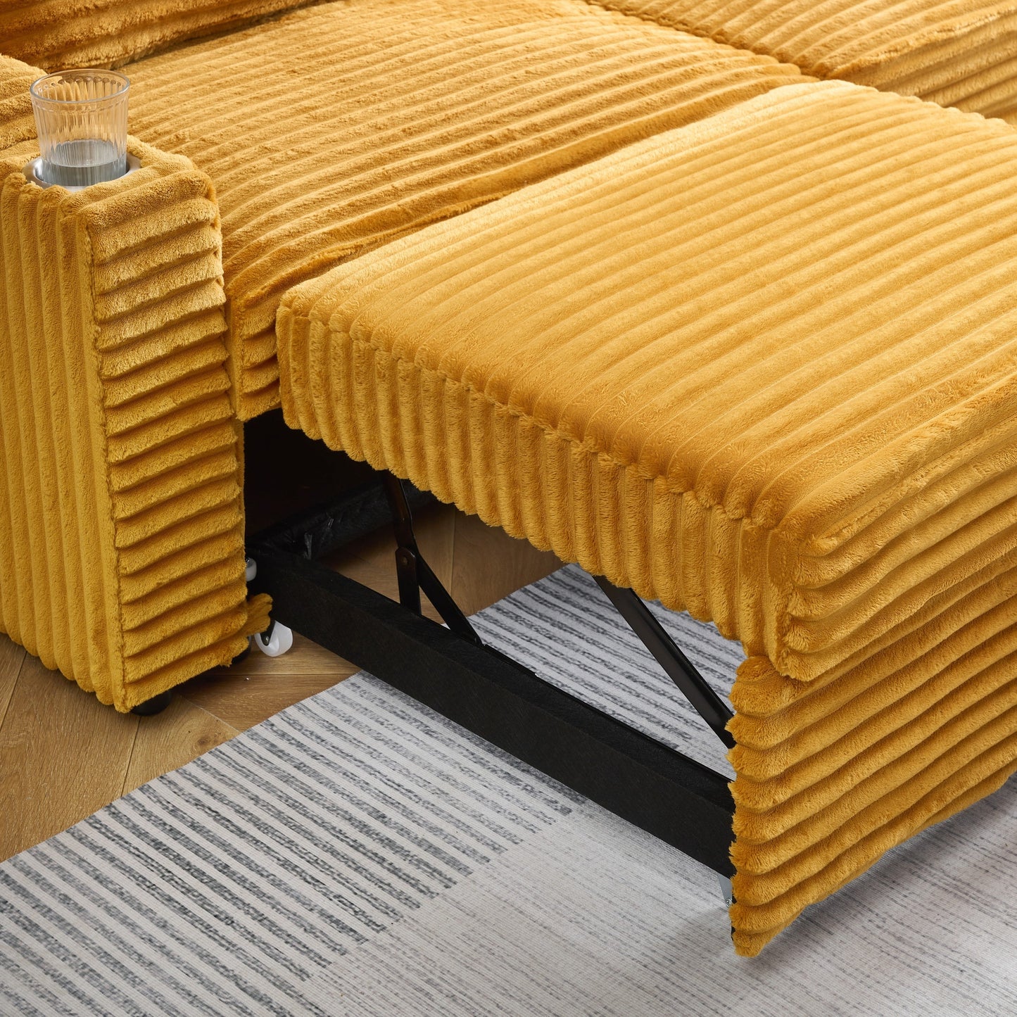 An 80-Inch Two-In-One Pull-Out, Foldable and Hidden Chaise Longue Orange Corduroy Sofa With Cup Holders and Pillows