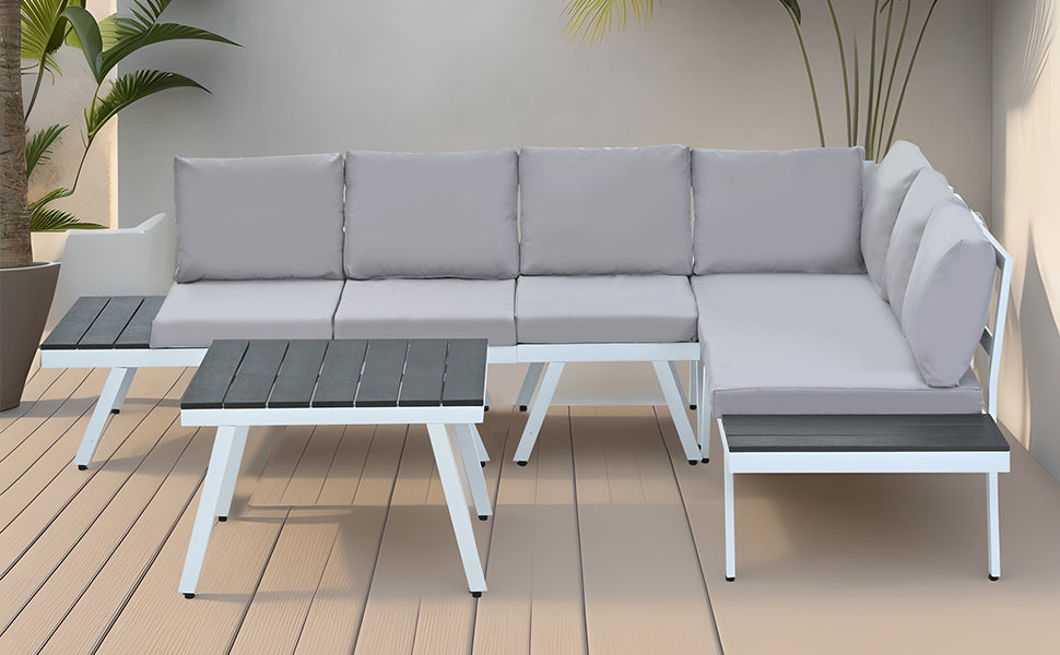 Industrial 5-Piece Aluminum Outdoor Patio Furniture Set, Modern Garden Sectional Sofa Set With End Tables, Coffee Table