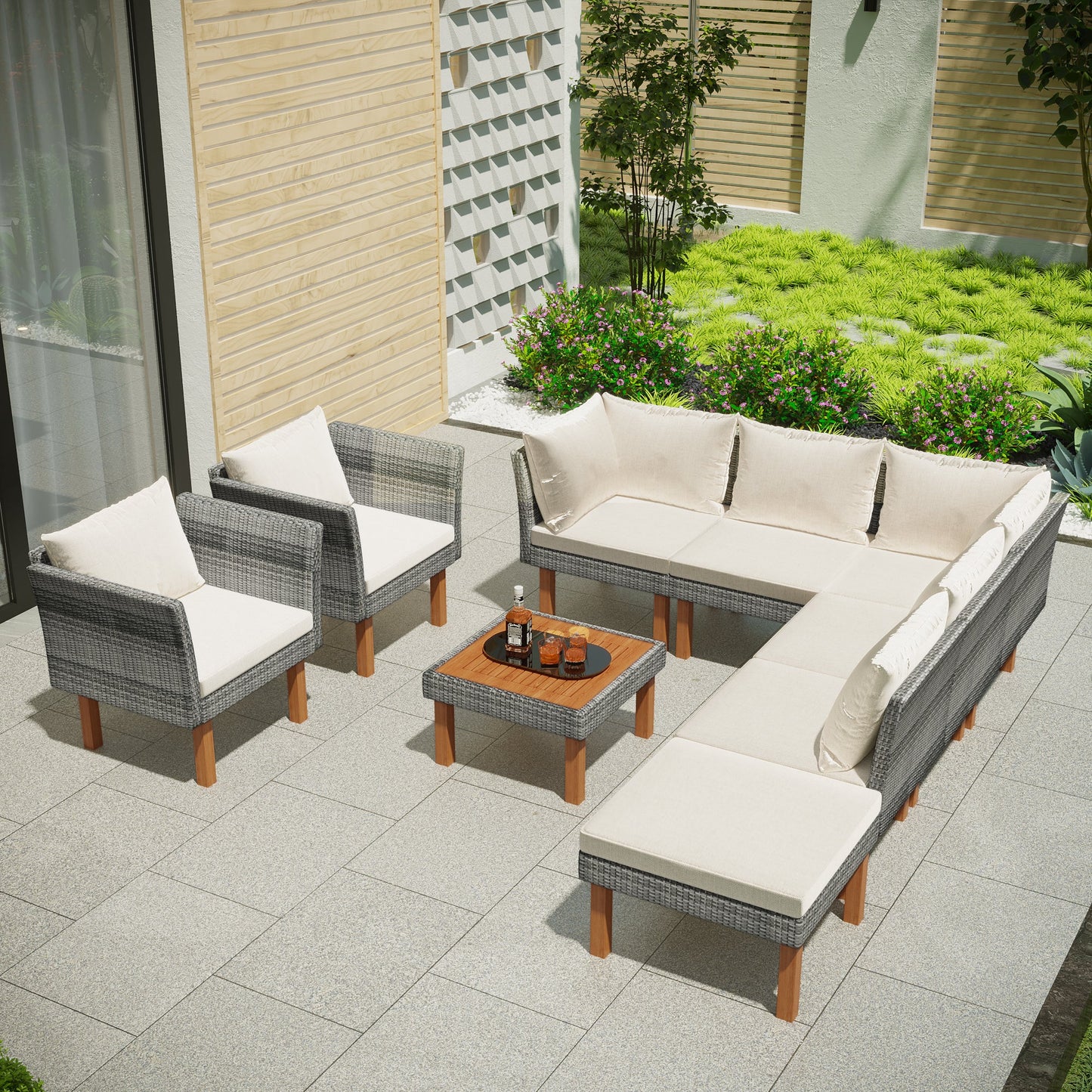 9-Piece Outdoor Patio Garden Wicker Sofa Set, Gray PE Rattan Sofa Set, With Wood Legs, Acacia Wood Tabletop