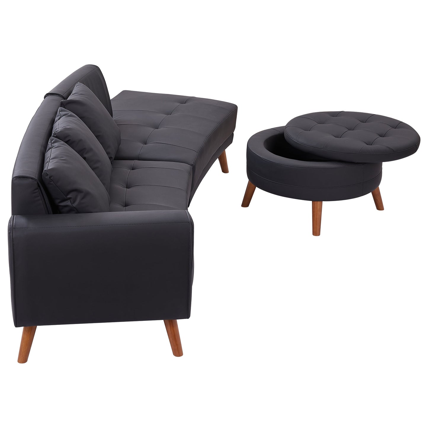 107" Contemporary Sofa Stylish Sofa Couch With a Round Storage Ottoman and Three Removable Pillows for Living Room, Black
