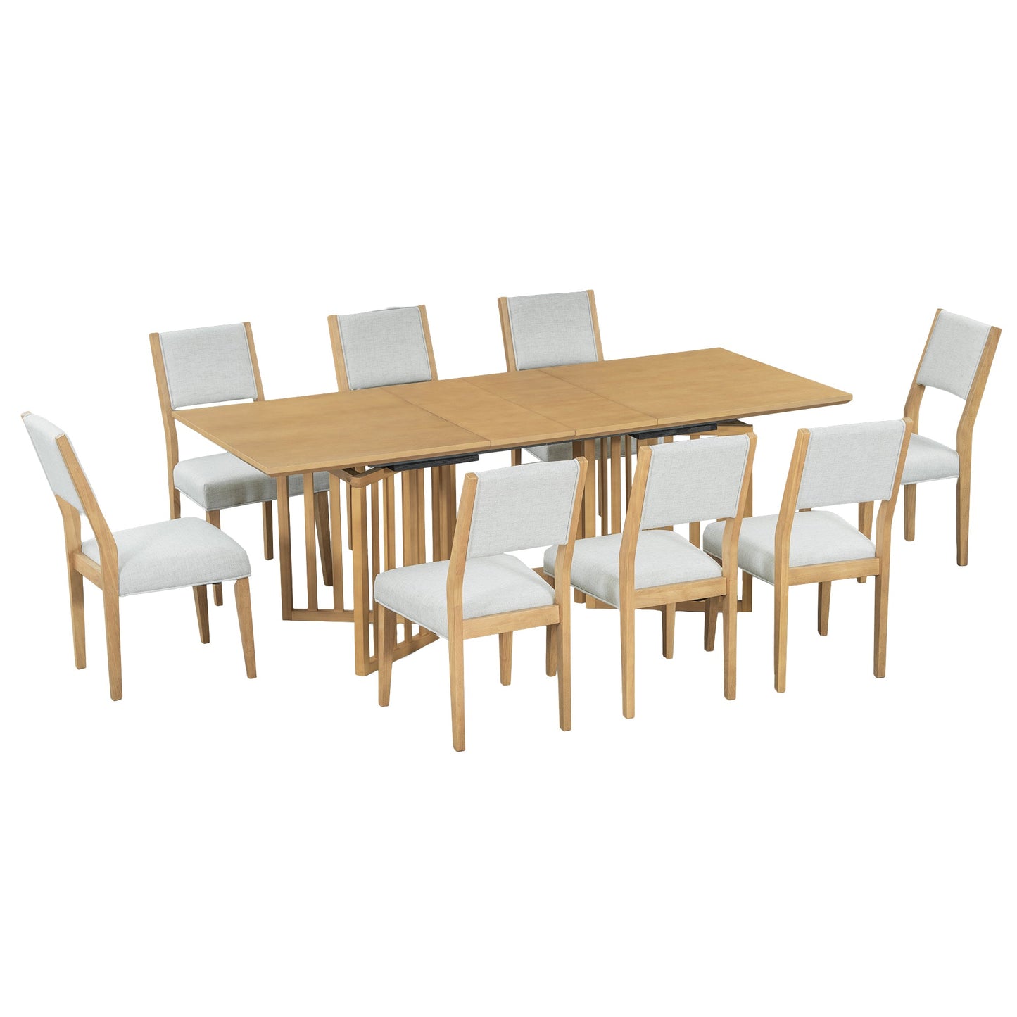 Farmhouse 9-Piece 83.9inch Extendable Dining Table Set With 2 12-Inch Removable Leaves and 8 Upholstered Dining Chairs,