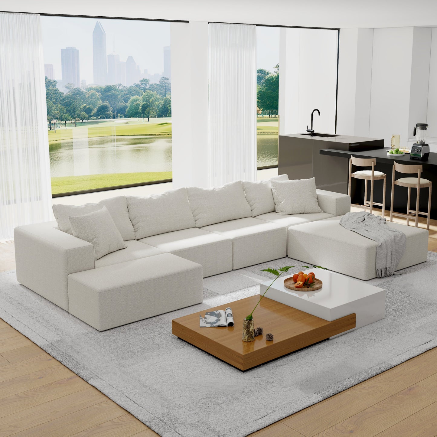 Modern Upholstered Sectional Sofa Couch Set,Modular 132" L Shaped Sectional Living Room Sofa Set With 6 Pillows,Free Com