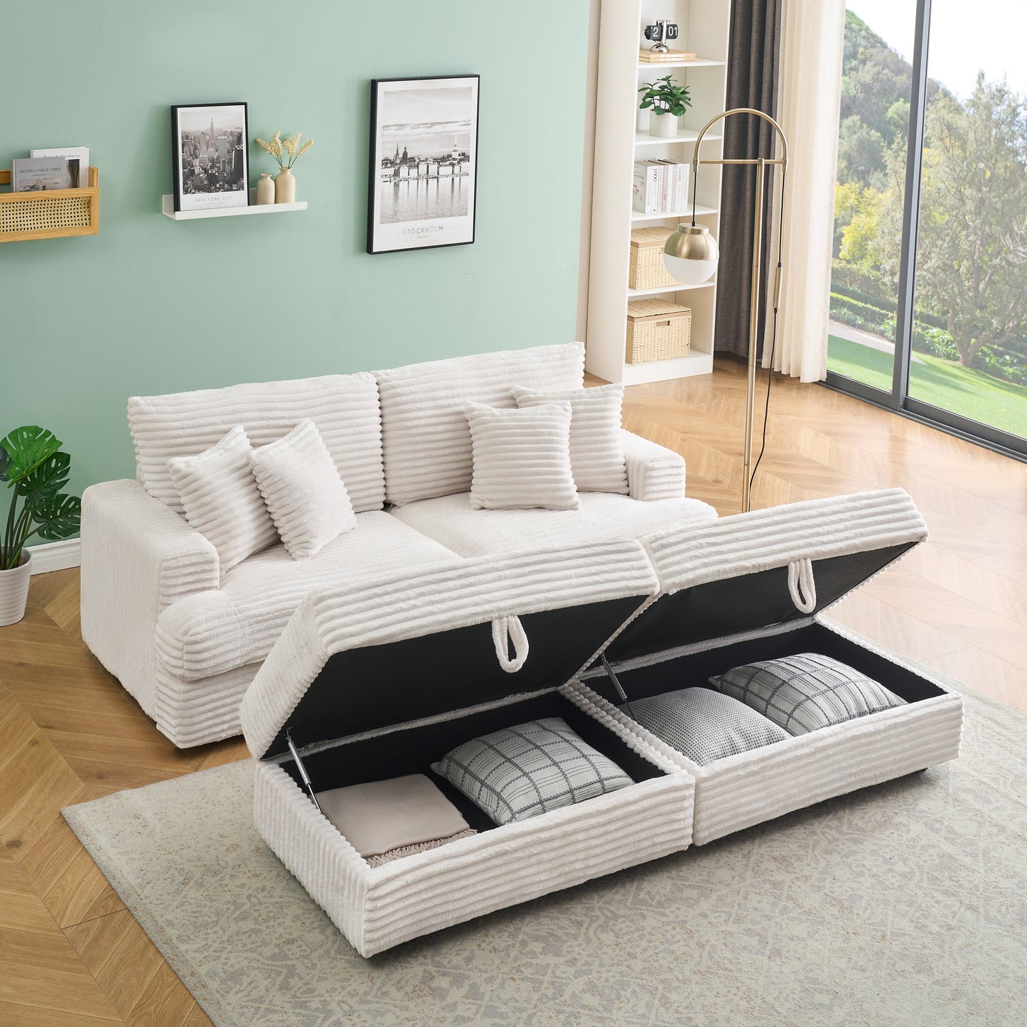 82 Inches Beige Corduroy Sofa, Two Storage Feet +4 Throw Pillows, Create a Living Room, Office Fashion New Darling