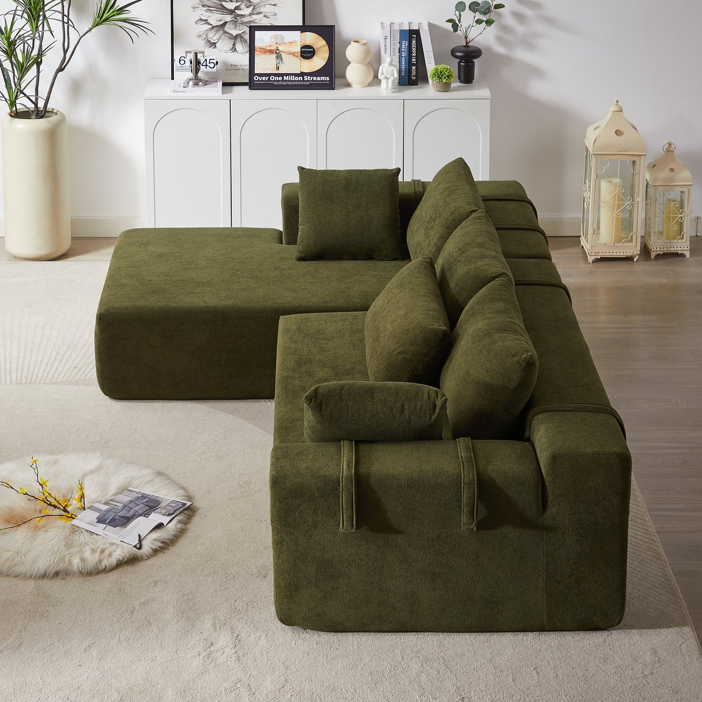 Modern Chenille Upholstered Sectional Sofa Couch Set,Modular 108" L Shaped Sectional Living Room Sofa Set With 6 Pillows