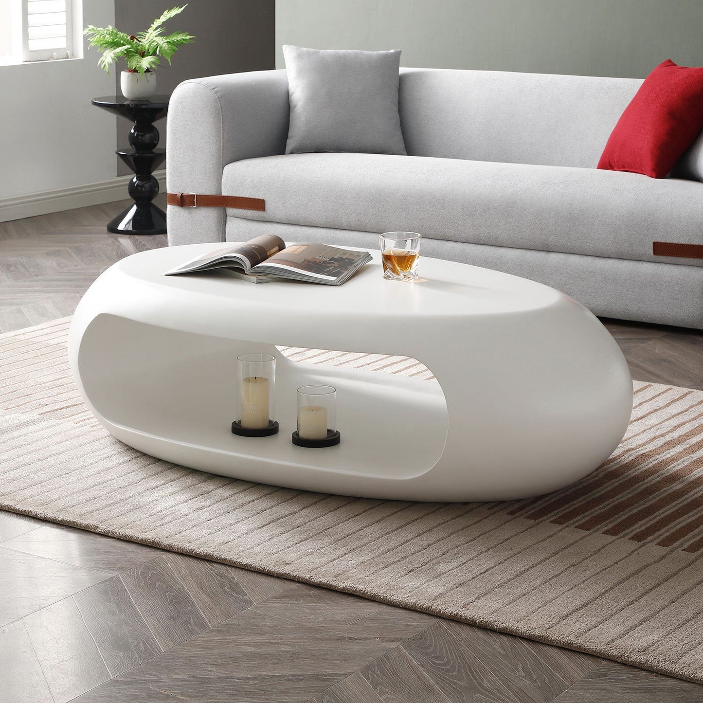 53.93" Oval Coffee Table, Sturdy Fiberglass Table for Living Room, White, No Need Assembly