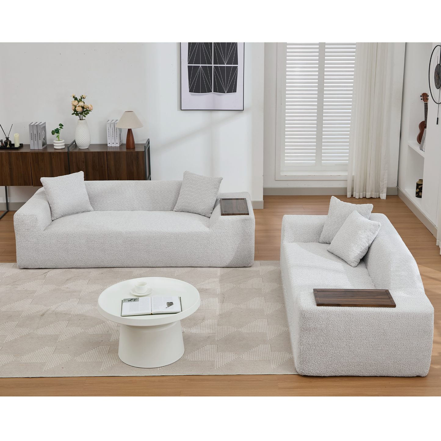 2 Piece Boucle Cloud Sofa Set, Upholstered Sofa Set, Modern 3 Seater and 2 Seater Sofa With MDF End Table for Living Room