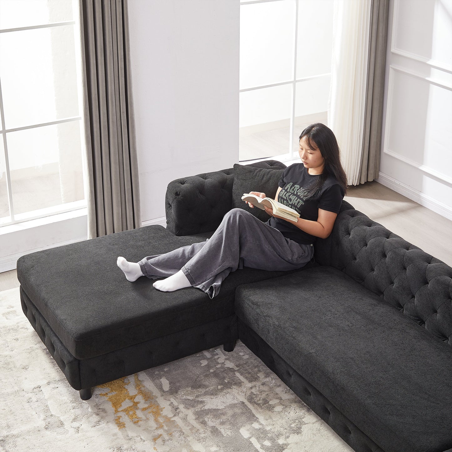 126-Inch Modern Style Chenille Three Piece Sofa, Pull Point Design U-Shaped Sofa Two Chaise Longue Seats, Two Pillows