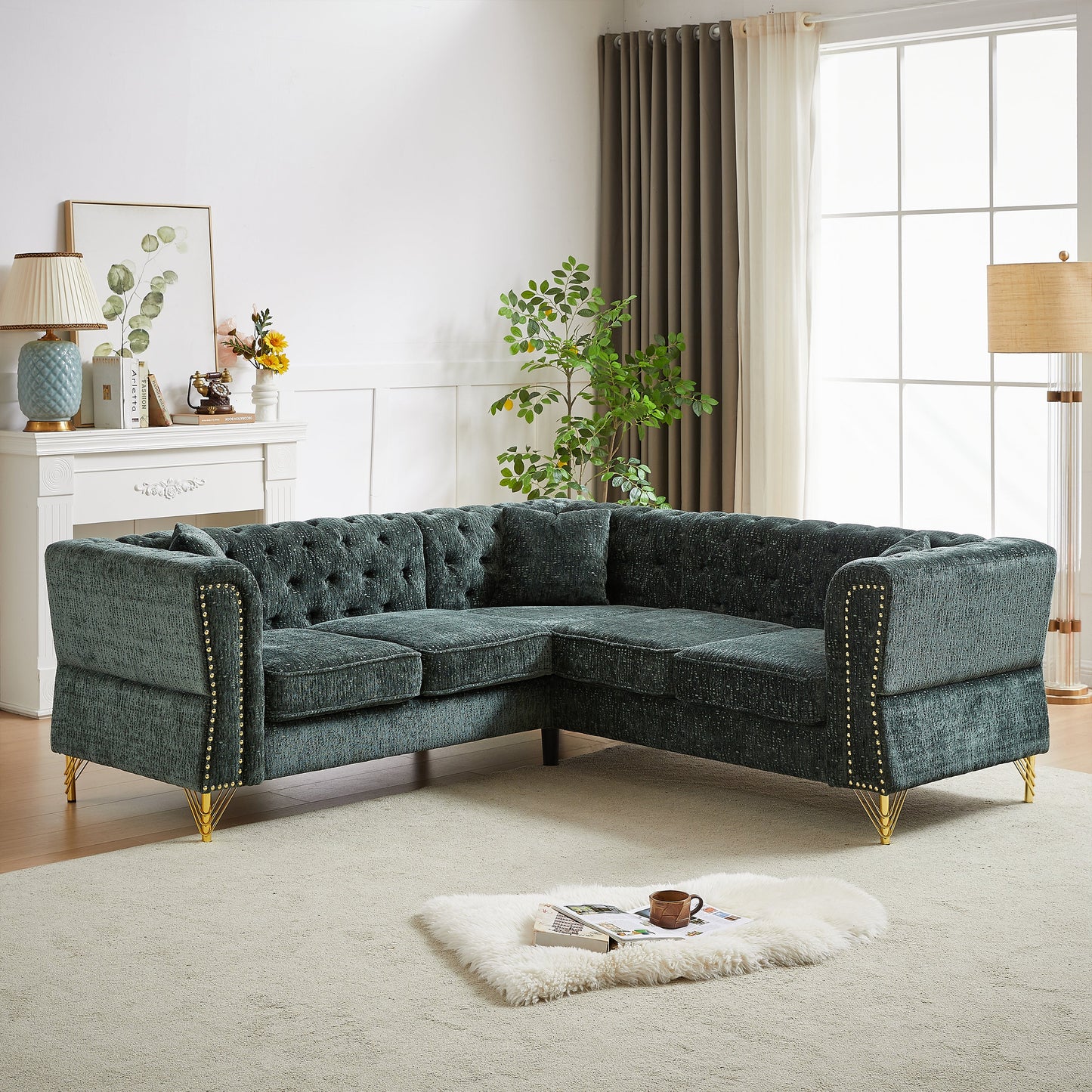 81.5-Inch Chenille Corner Sofa , L-Shaped Sectional Couch, 5-Seater Corner Sofas With 3 Cushions for Living Room, Bedroom
