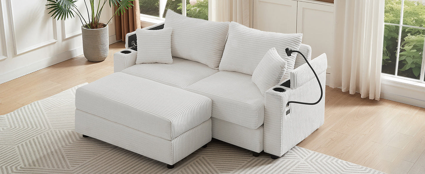 72.8" Modern Style Loveseat Sofa Sectional Sofa Couch With Storage Space, a Movable Ottoman, Two USB Ports, Two Cup Hold