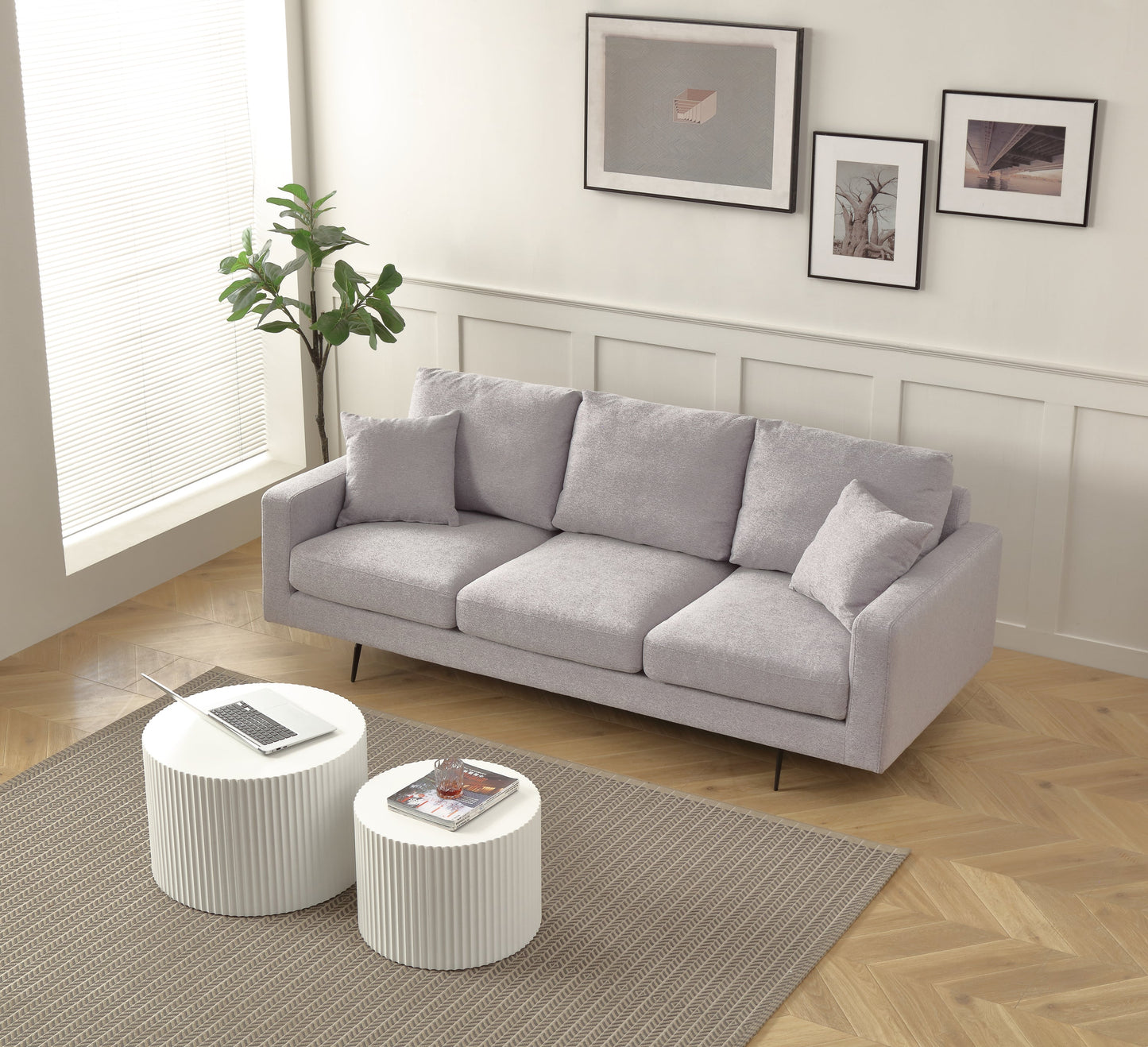 Modern Three Seat Sofa Couch With 2 Pillows, Light Grey Perfect for Every Occasion