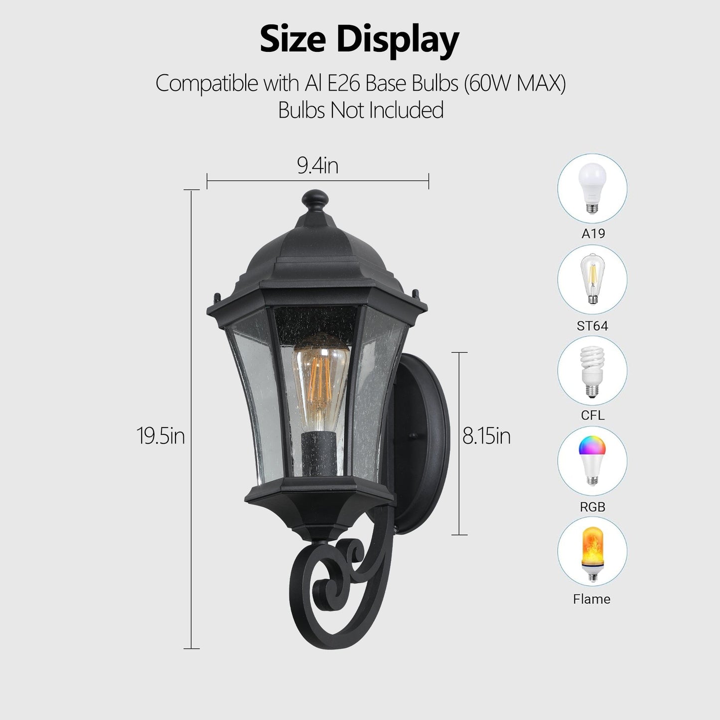 Outdoor Waterproof Glass Retro Wall Lamp Supports Multiple Types of Light Bulbs (2 Pack) With Light Sense