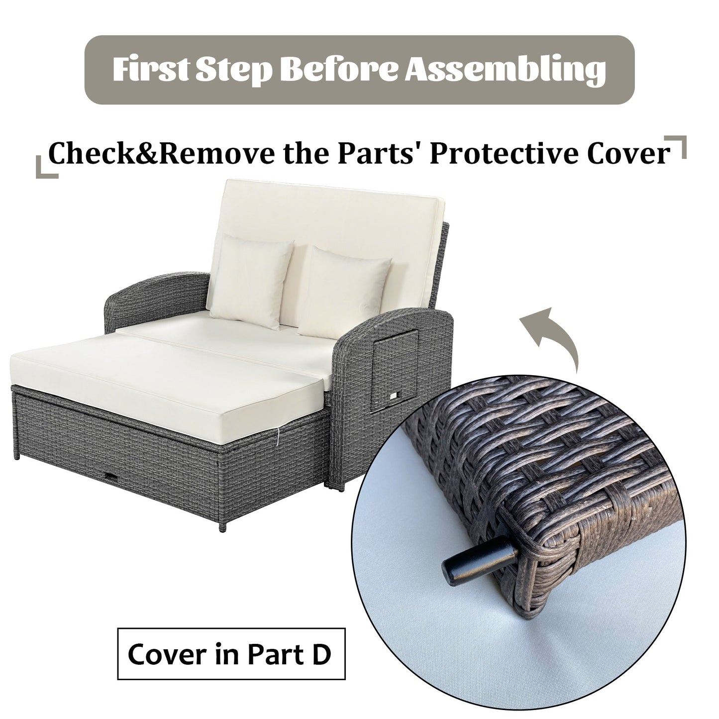 PE Wicker Rattan Double Chaise Lounge, 2-Person Reclining Daybed With Adjustable Back and Cushions