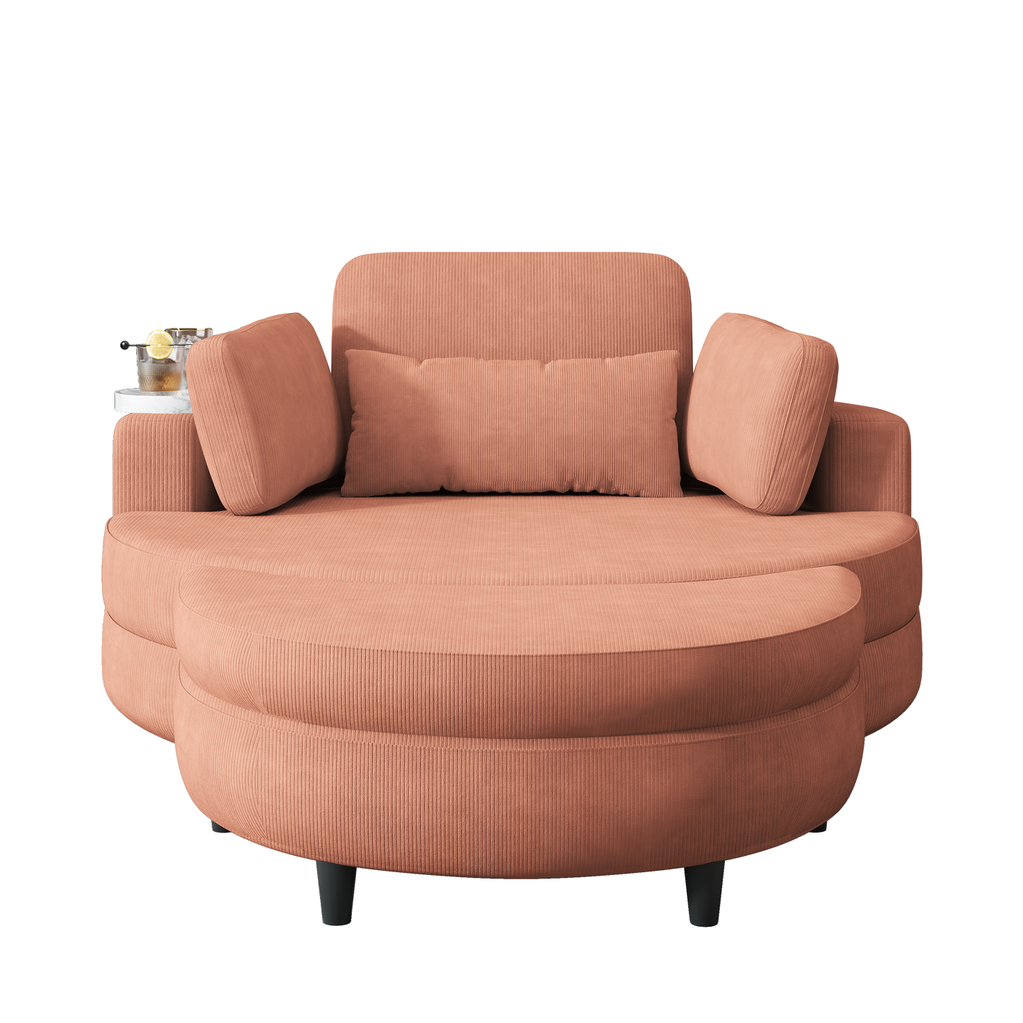 A 51-Inch Orange Corduroy Sofa With Two Throw Pillows, a Waist Pillow and an Extra Tray Is Comfortable