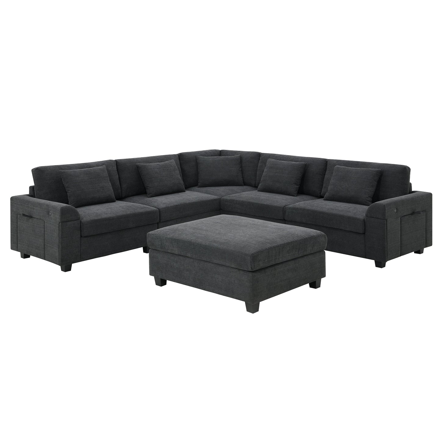 128*67" U Shaped Sectional Sofa,6 Seat Chenille Couch Set With Oversized Ottoman,Hidden Armrest Storage and Cup Holders