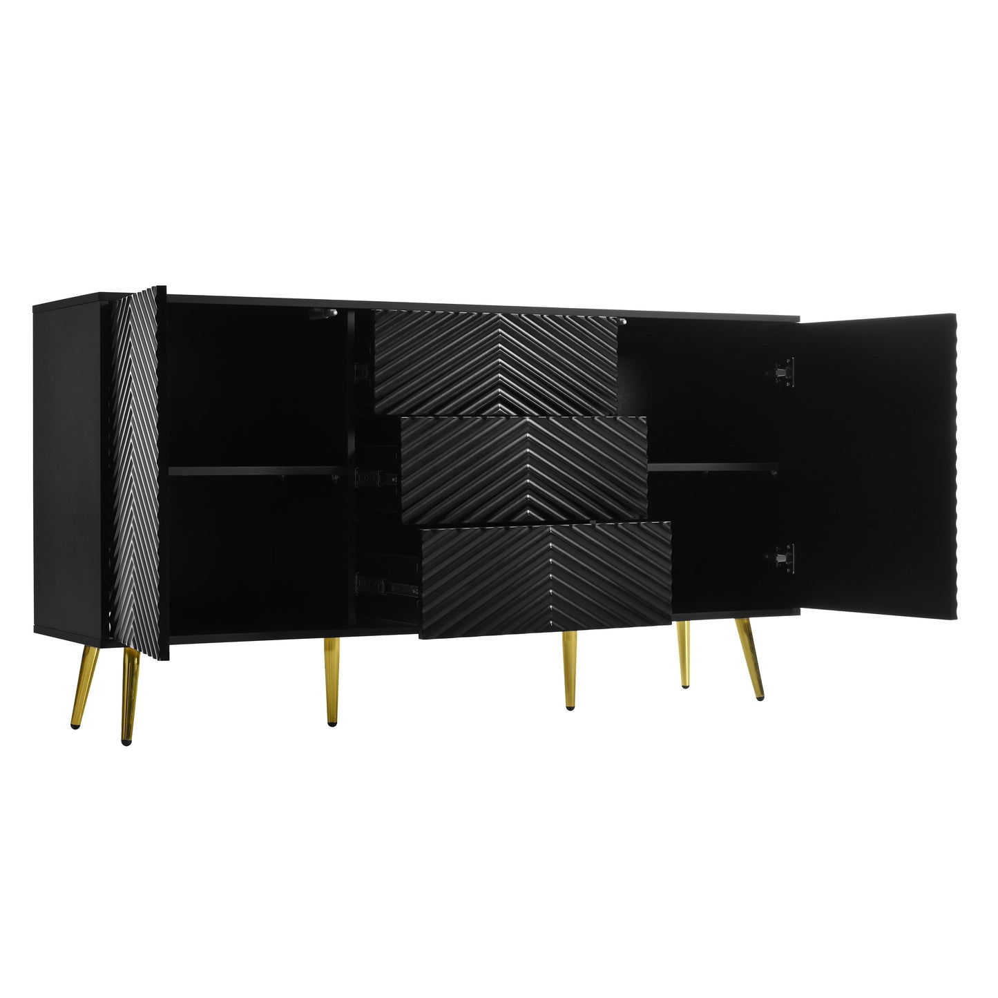 Modern Sideboard With Geometric Line Design, Conical Metal Legs, and Central Drawers for Stylish Storage