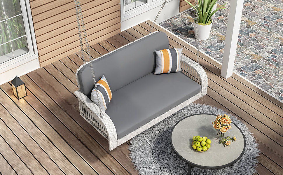 PE Wicker Porch Swing, 2-Seater Hanging Bench With Chains, Patio Furniture Swing for Backyard Garden Poolside