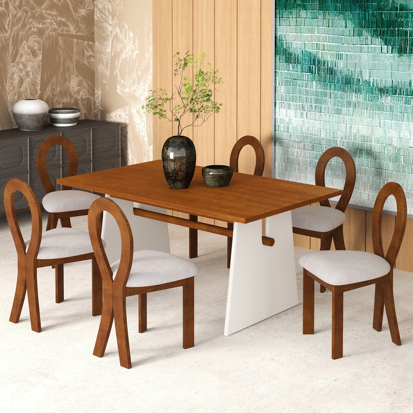 Modern 7-Piece Dining Table Set With Trestle Dining Table and 6 Upholstered Dining Chairs, Compact Kitchen Table