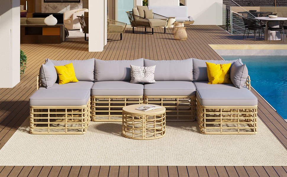 7 Pieces Outdoor Patio Furniture, All-Weather Rattan Sectional Sofa Set With Thick Cushions and Pillows, Freely Combined