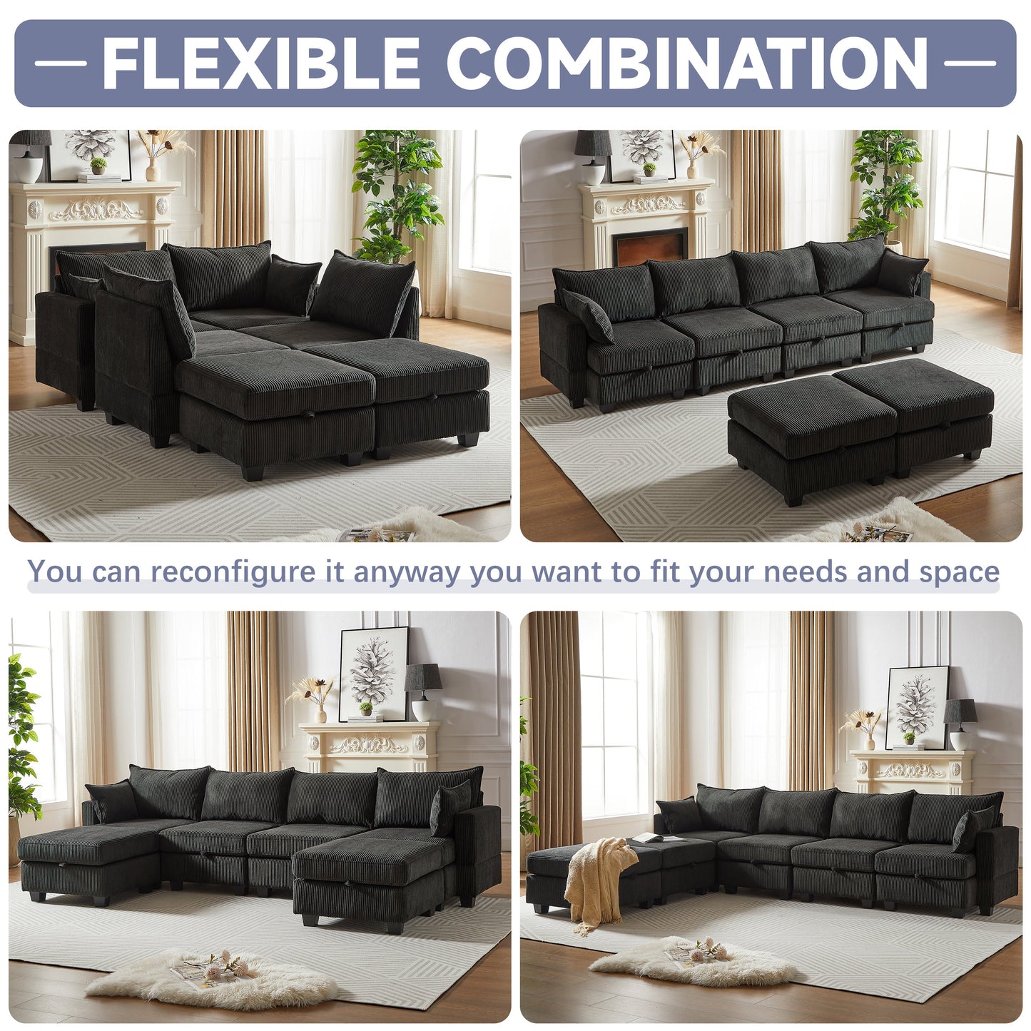 113.5'' Modular Sectiona Corduroy Sofa, Sectional Couches for Living Room U Shaped Sectional Couch With Storage Ottoman