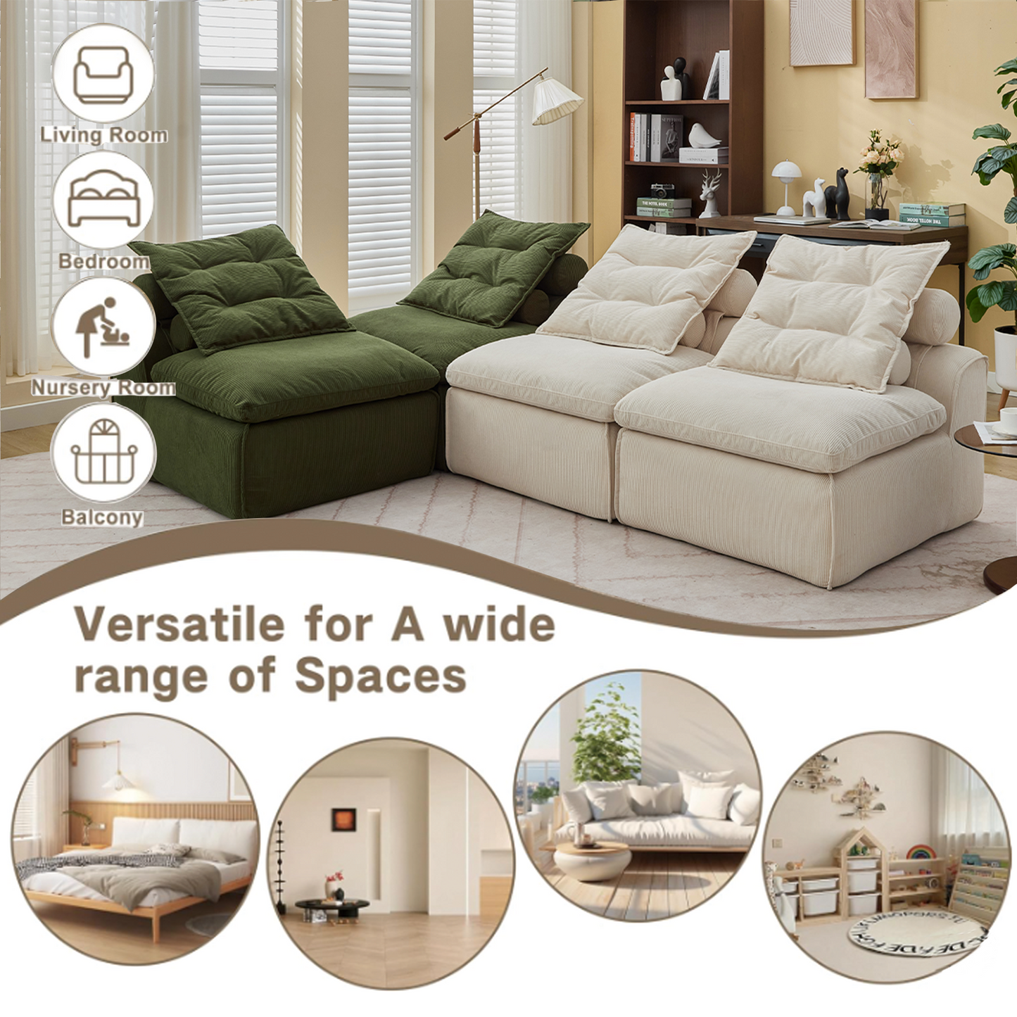 Modular Sofa,No Armrests,At Will DIY,Corduroy ,Neck Pillow-Back Lounge Sofa Chair,Reading Nook, or Apartment Living