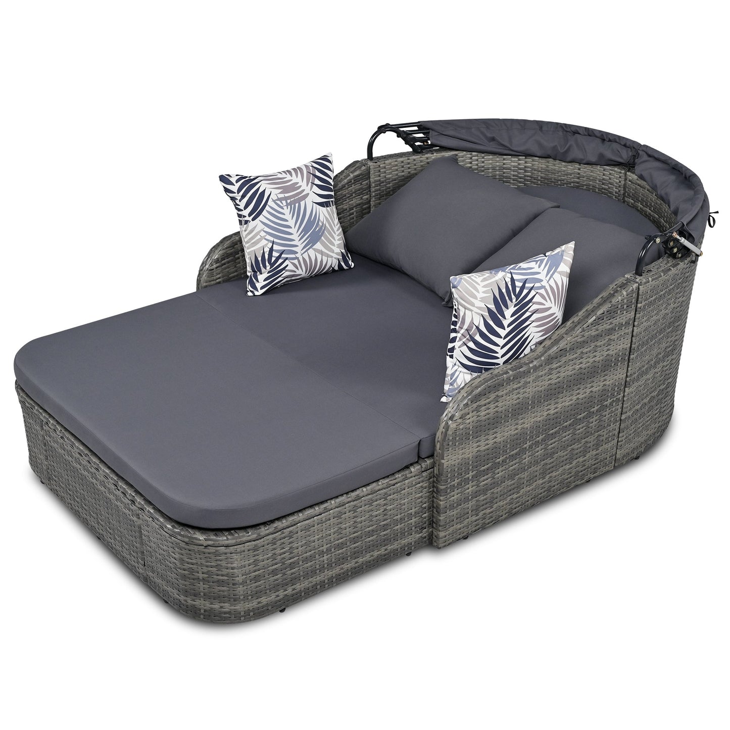 79.9" Outdoor Sunbed With Adjustable Canopy, Double Lounge, PE Rattan Daybed, Gray Wicker and Cushion