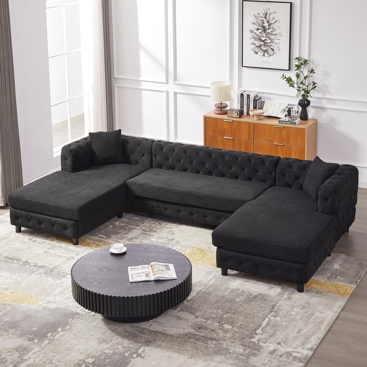 126-Inch Modern Style Chenille Three Piece Sofa, Pull Point Design U-Shaped Sofa Two Chaise Longue Seats, Two Pillows