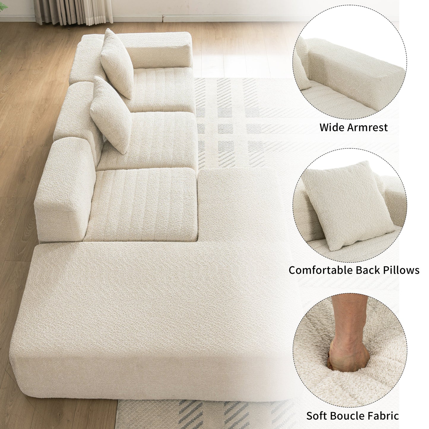 116.5" Sectional Sofa Full-Compressed Sofa Couch Free-Combined Sofa for Living Room, Beige