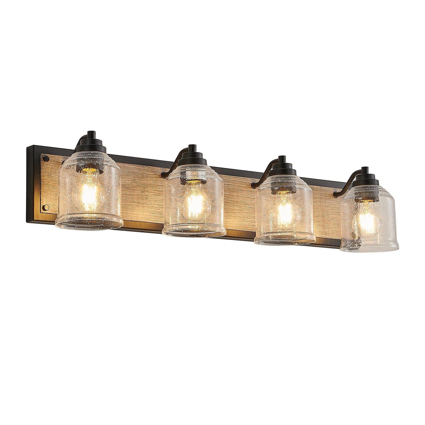 Farmhouse Vanity Light Fixture, 4-Light Bathroom Wall Sconce With Clear Seeded Glass Shades, Rustic Black Finish