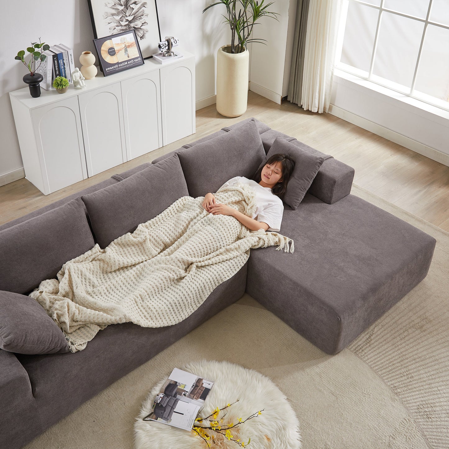 Modern Chenille Upholstered Sectional Sofa Couch Set,Modular 108" L Shaped Sectional Living Room Sofa Set With 6 Pillows