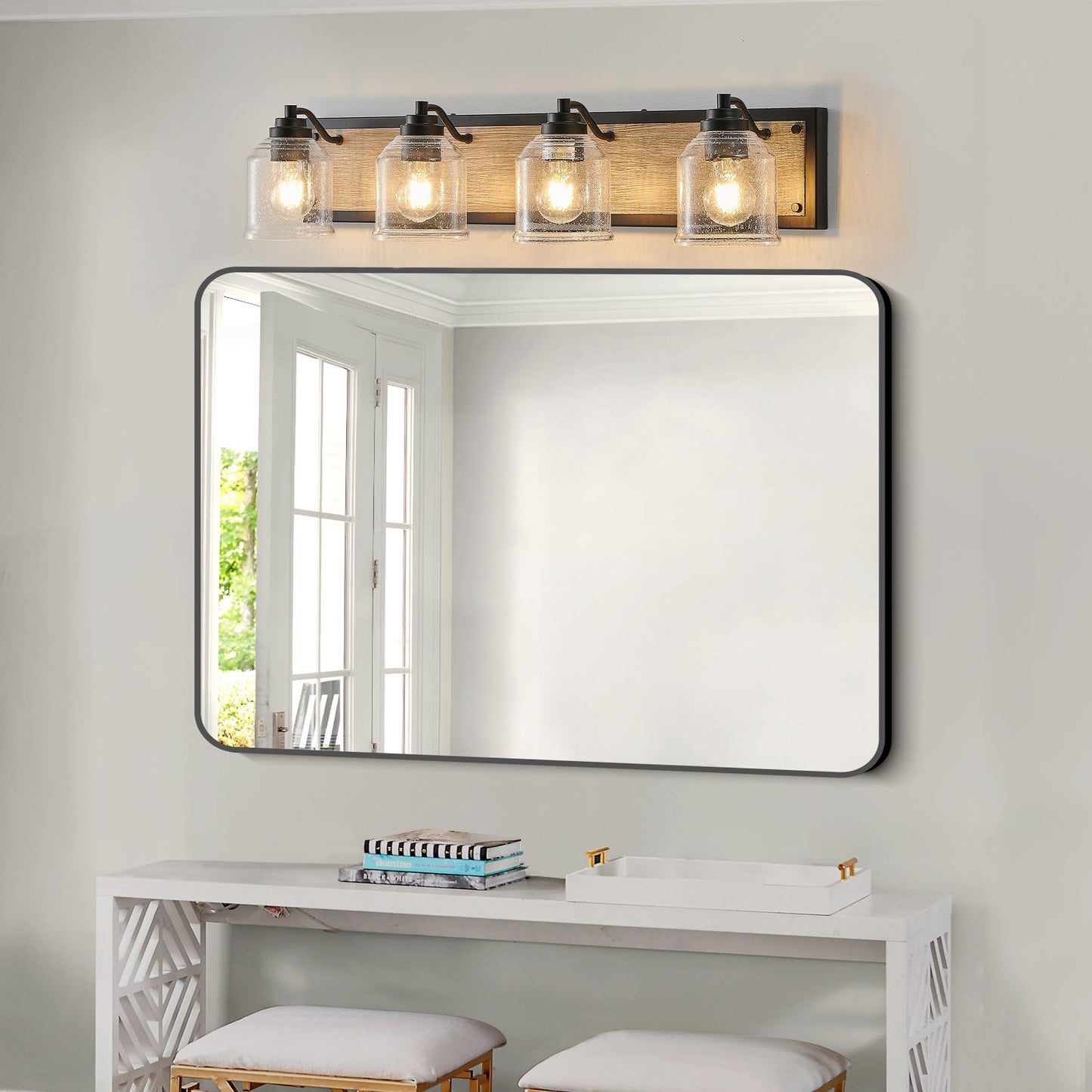 Farmhouse Vanity Light Fixture, 4-Light Bathroom Wall Sconce With Clear Seeded Glass Shades, Rustic Black Finish