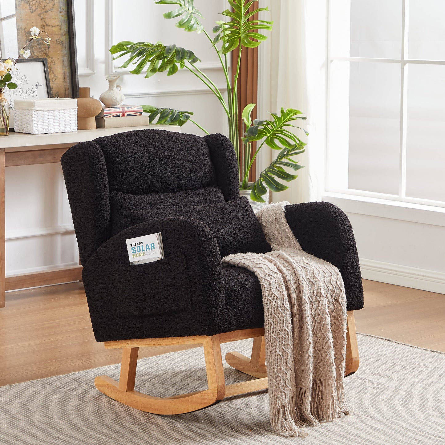 Modern Accent High Backrest Living Room Lounge Arm Rocking Chair, Two Side Pocket