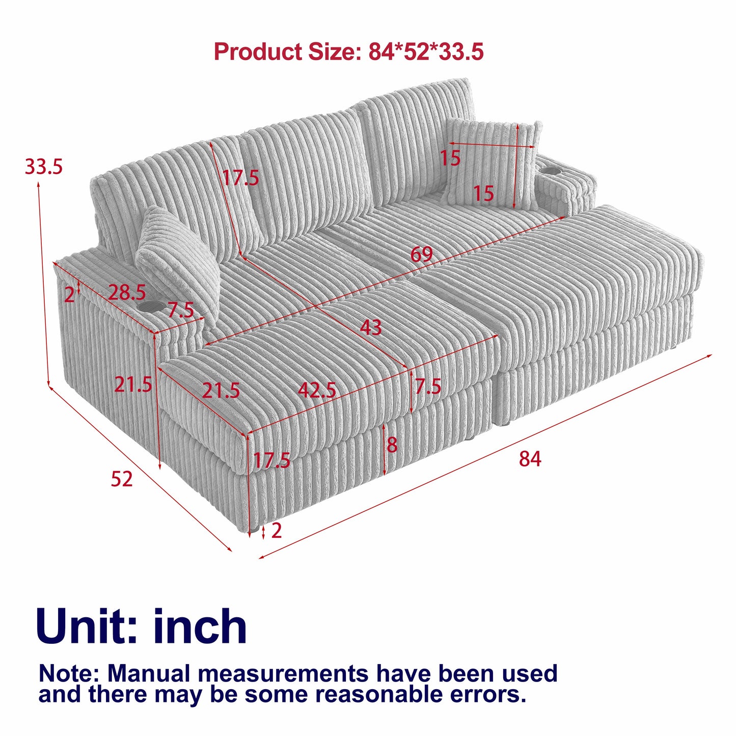 84Inch Corduroy 3-Seater Sofa With 3 Back Pillows ,2 Toss Pillows , a Ottoman ,2storage Spaces and Cup-Holding Grooves