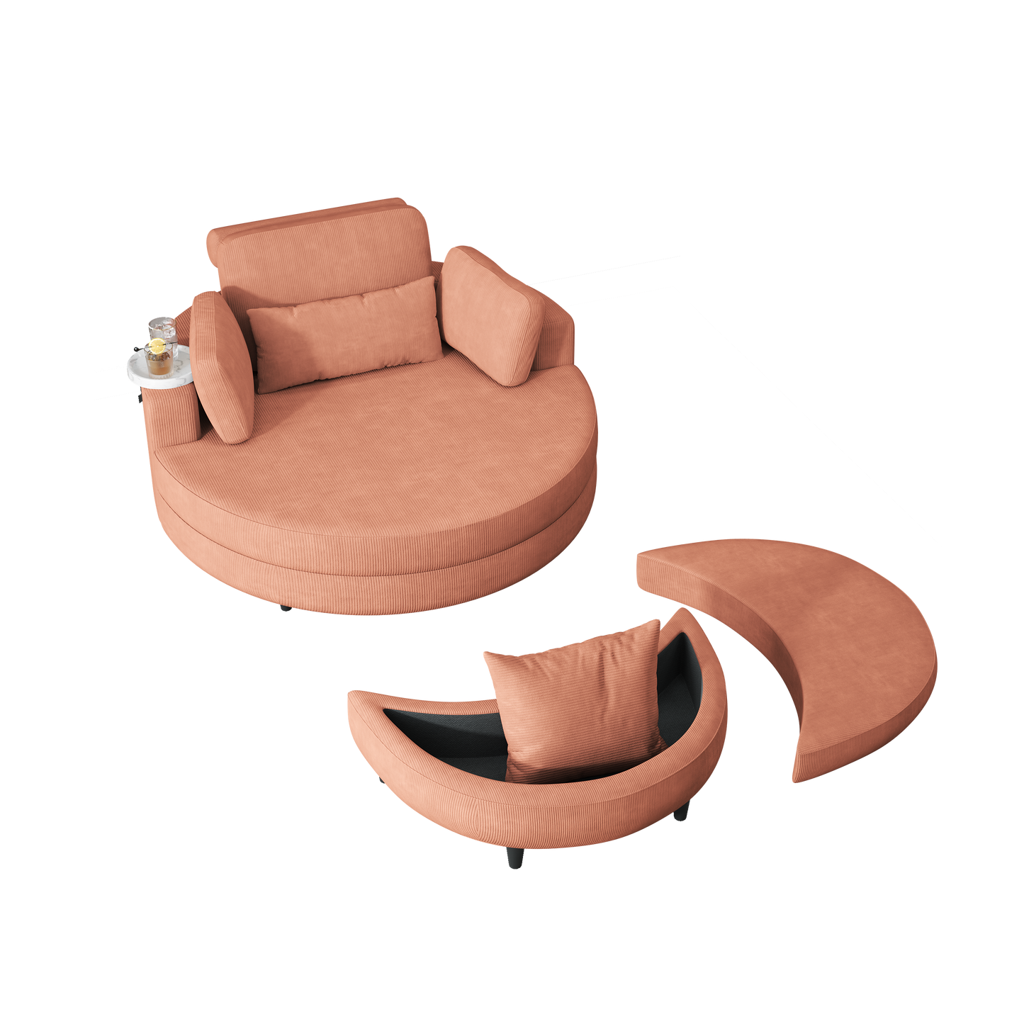 A 51-Inch Orange Corduroy Sofa With Two Throw Pillows, a Waist Pillow and an Extra Tray Is Comfortable