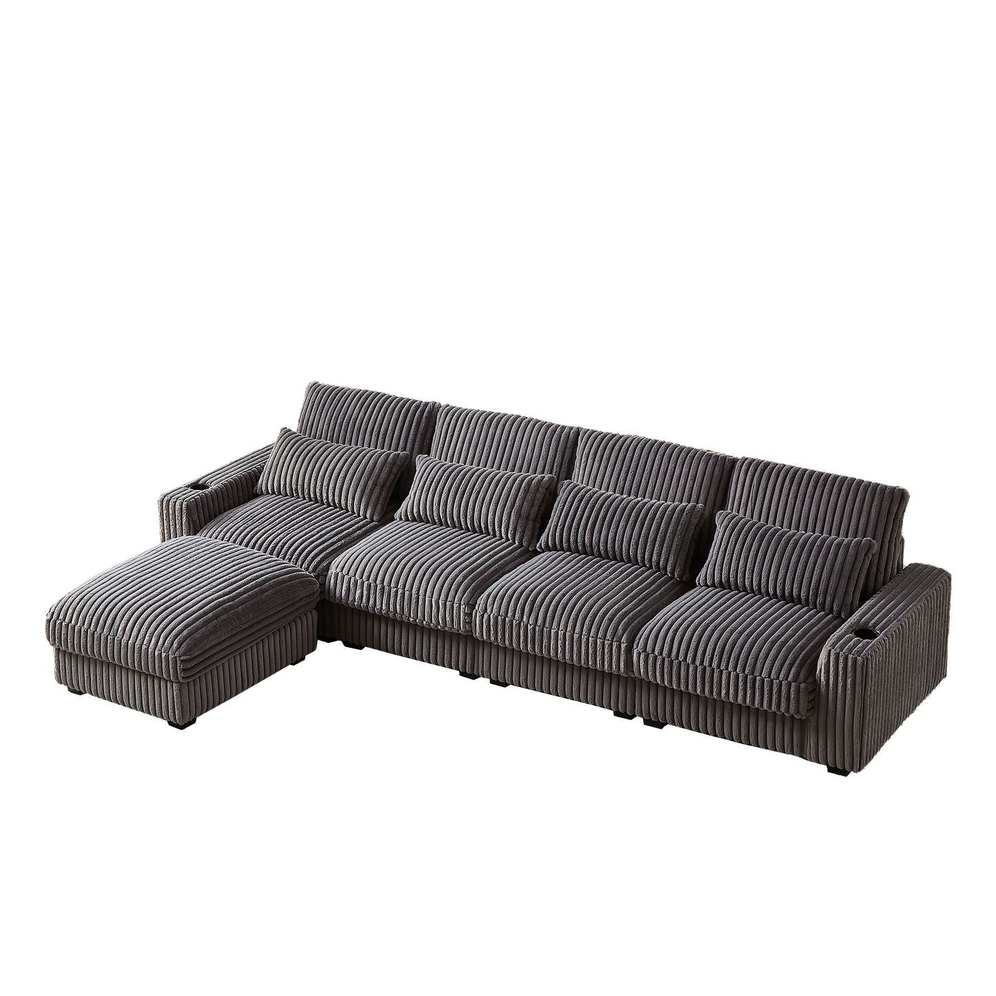 126-Inch Corduroy With Cup Holder Super Large L-Shaped Sofa, Movable Footrest, Four Waist Pillows and Four Back Cushion