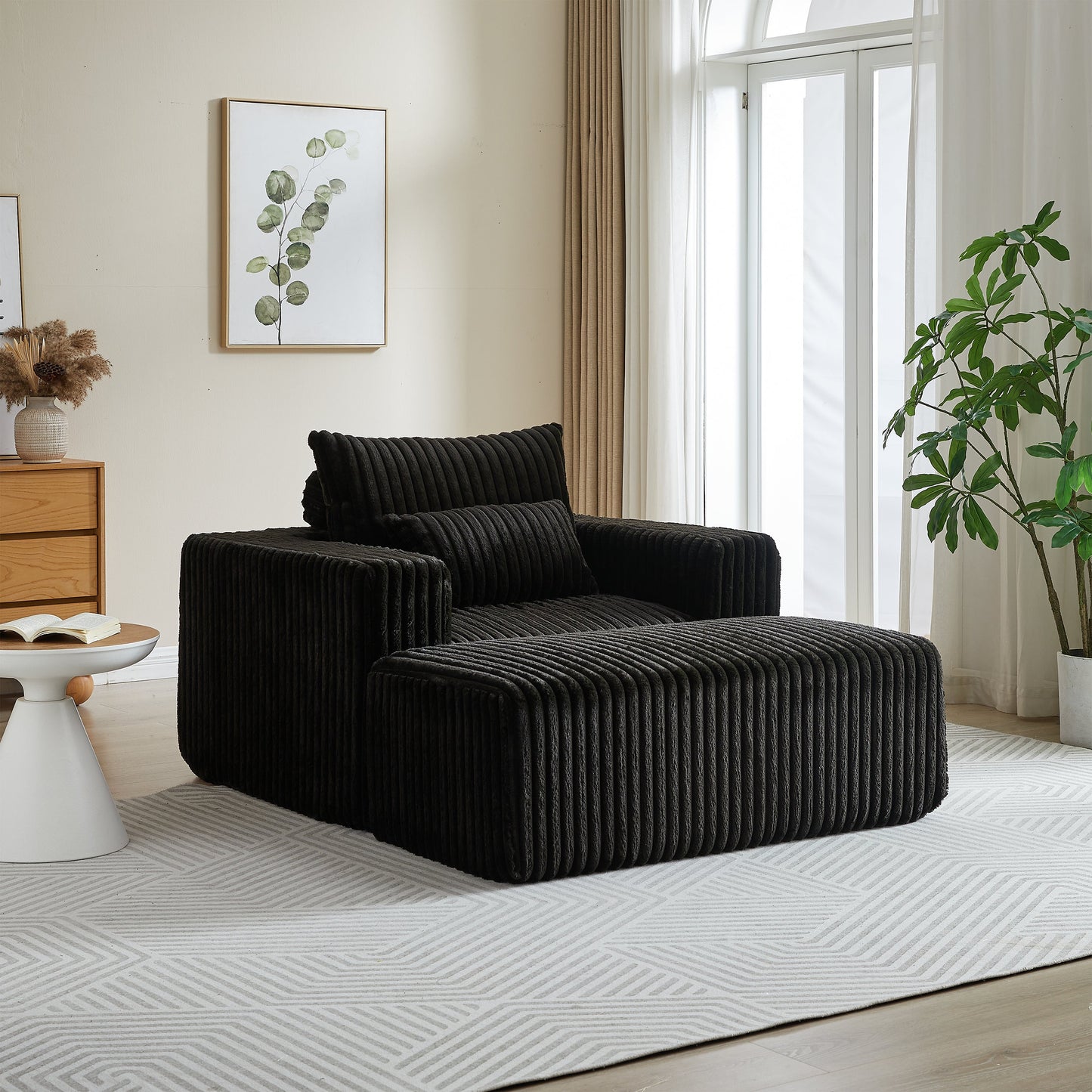 62.5-Inch Corduroy Sponge Sofa Lounge Chair With Removable Footrest,No Assembly Required,Fluffy Modern Sleeper Chair