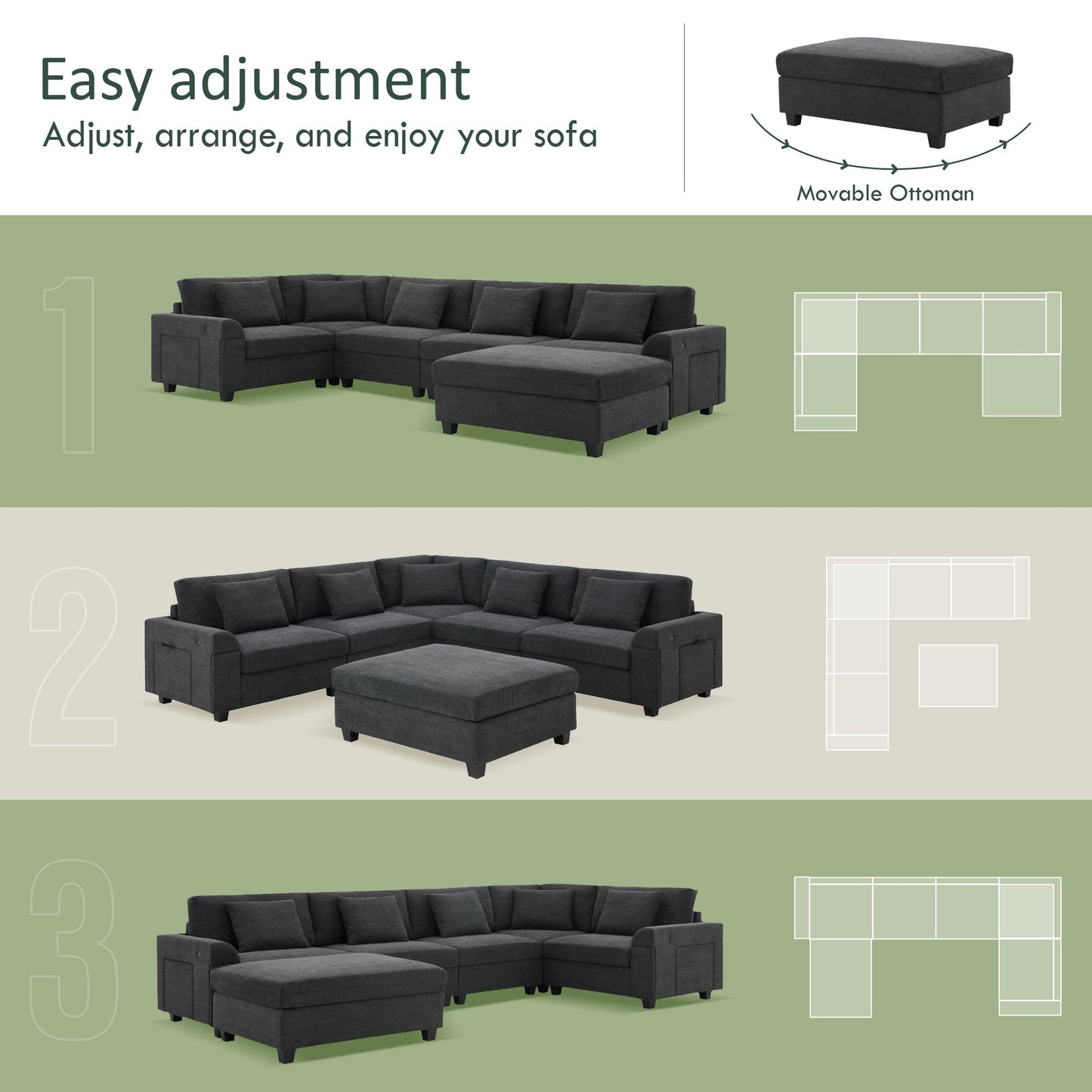 128*67" U Shaped Sectional Sofa,6 Seat Chenille Couch Set With Oversized Ottoman,Hidden Armrest Storage and Cup Holders