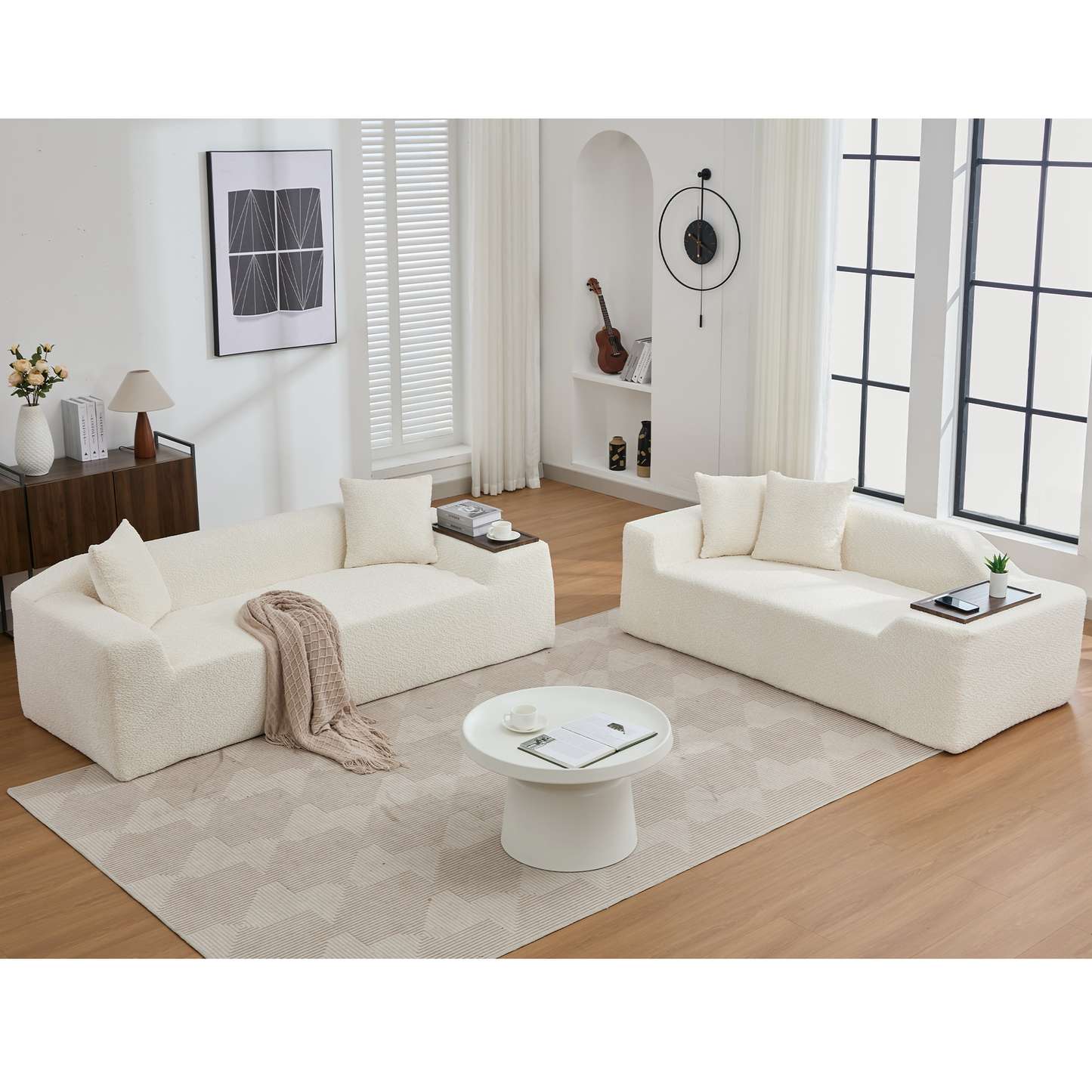 2 Piece Boucle Cloud Sofa Set, Upholstered Sofa Set, Modern 3 Seater and 2 Seater Sofa With MDF End Table for Living Room