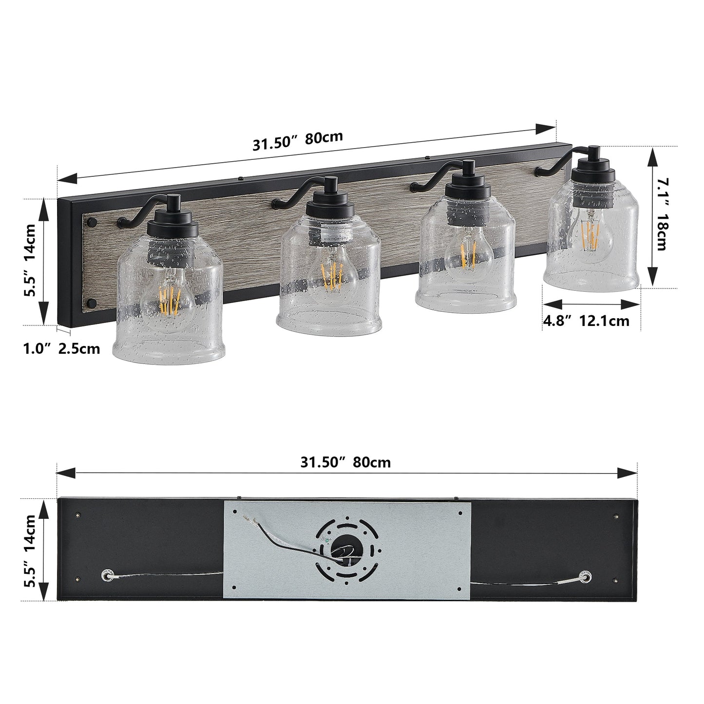 Farmhouse Vanity Light Fixture, 4-Light Bathroom Wall Sconce With Clear Seeded Glass Shades, Rustic Black Finish