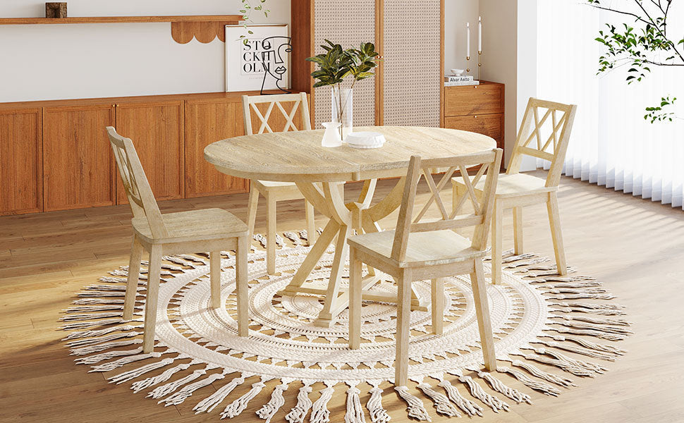 Mid-Century 5-Piece Extendable Round Dining Table Set With 15.7" Removable Leaf and 4 Cross Back Dining Chairs, Natural