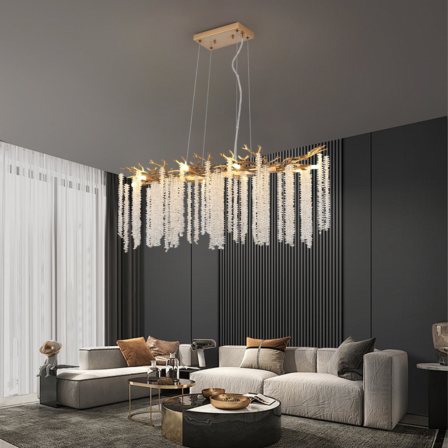 39.4-Inch Modern Golden Pendant Light With Cascading Crystal Strands, Ideal for Living Room, Dining Room and Foyer