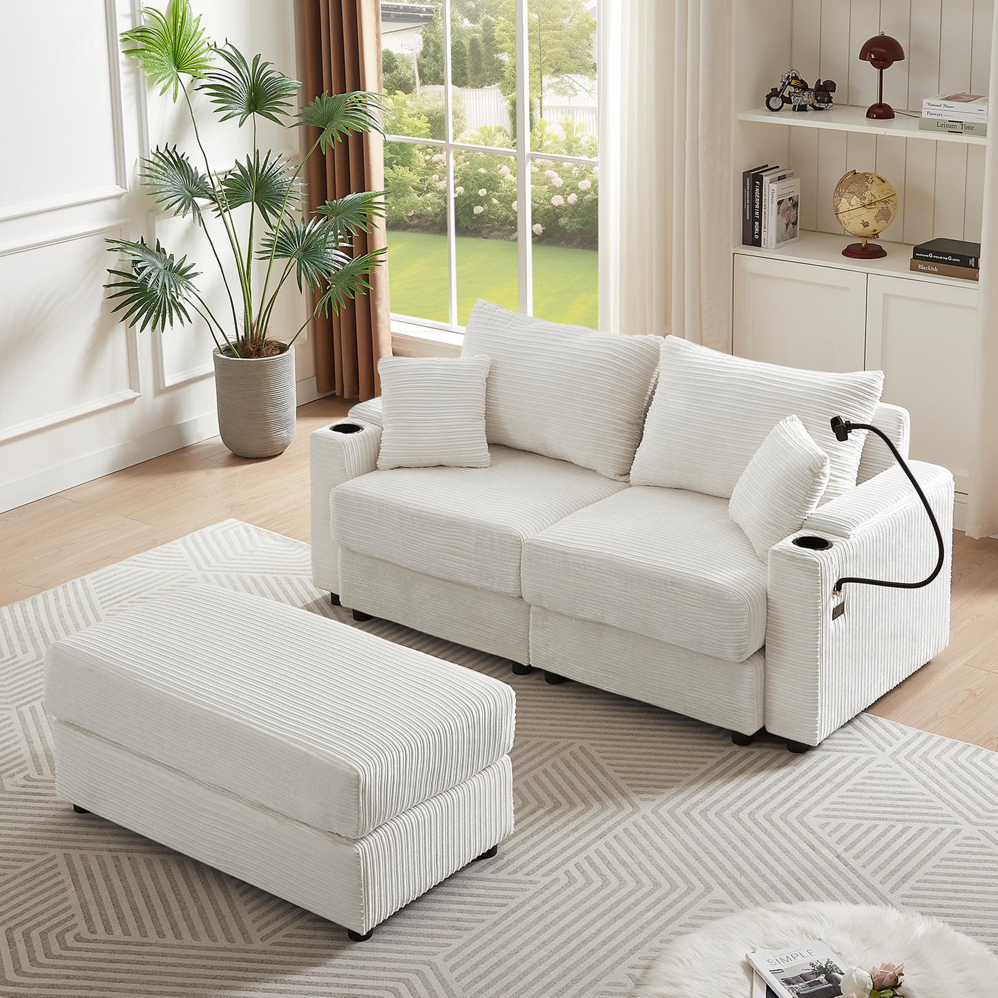 72.8" Modern Style Loveseat Sofa Sectional Sofa Couch With Storage Space, a Movable Ottoman, Two USB Ports, Two Cup Hold