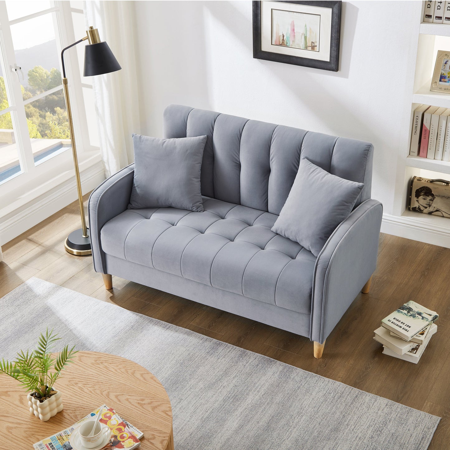 Modern Design Couch for Living Room Department Small Space Loveseat Smooth Velvet Upholstered Tufted Sofa Light Blue