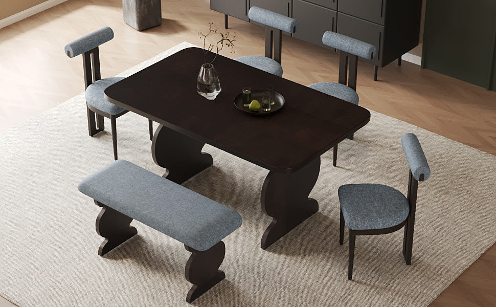 6-Piece Dining Set, Mid-Century Modern Table Set for 6 Persons With 4 Chairs and Bench, Padded Seats and Backrest