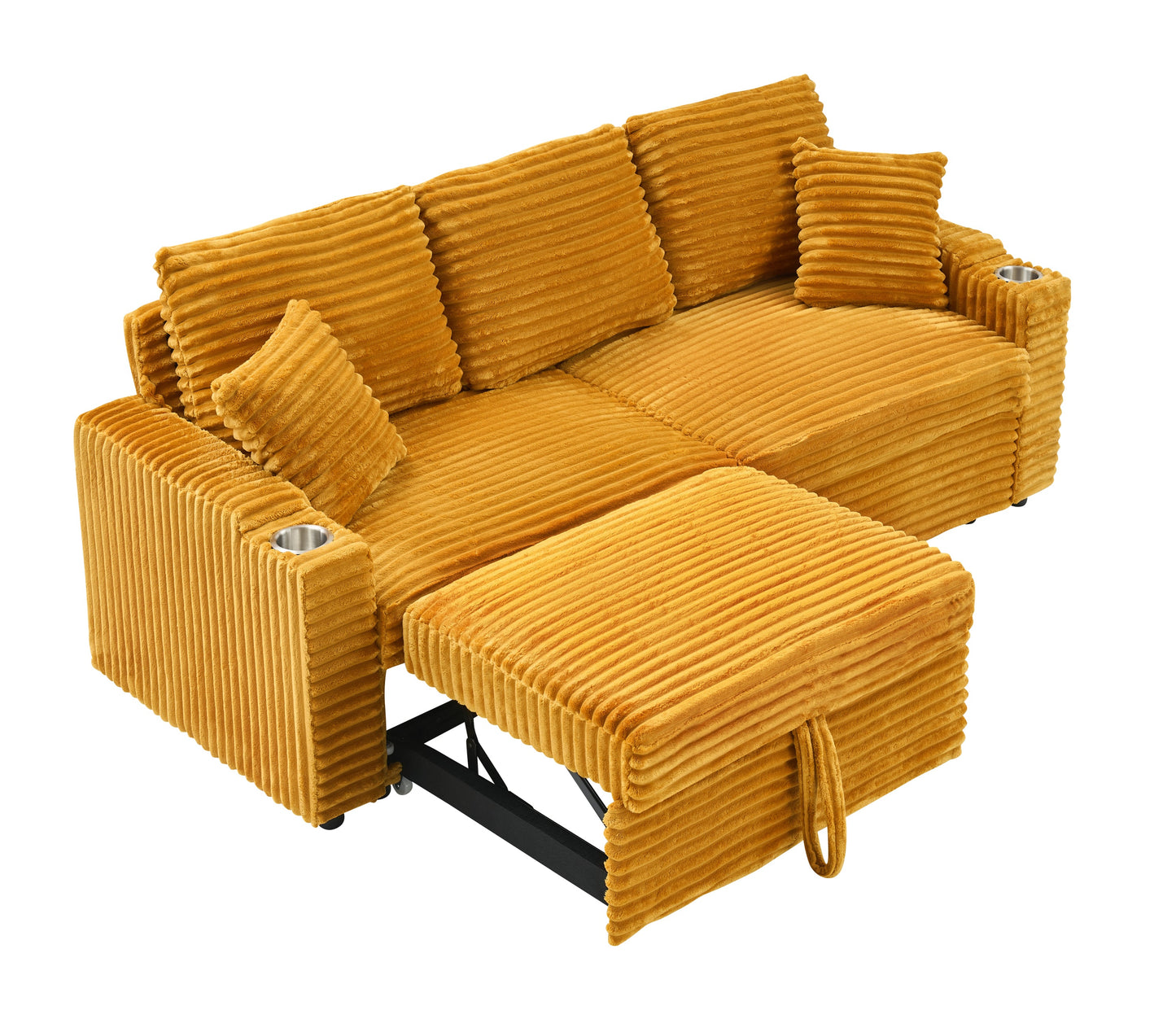An 80-Inch Two-In-One Pull-Out, Foldable and Hidden Chaise Longue Orange Corduroy Sofa With Cup Holders and Pillows