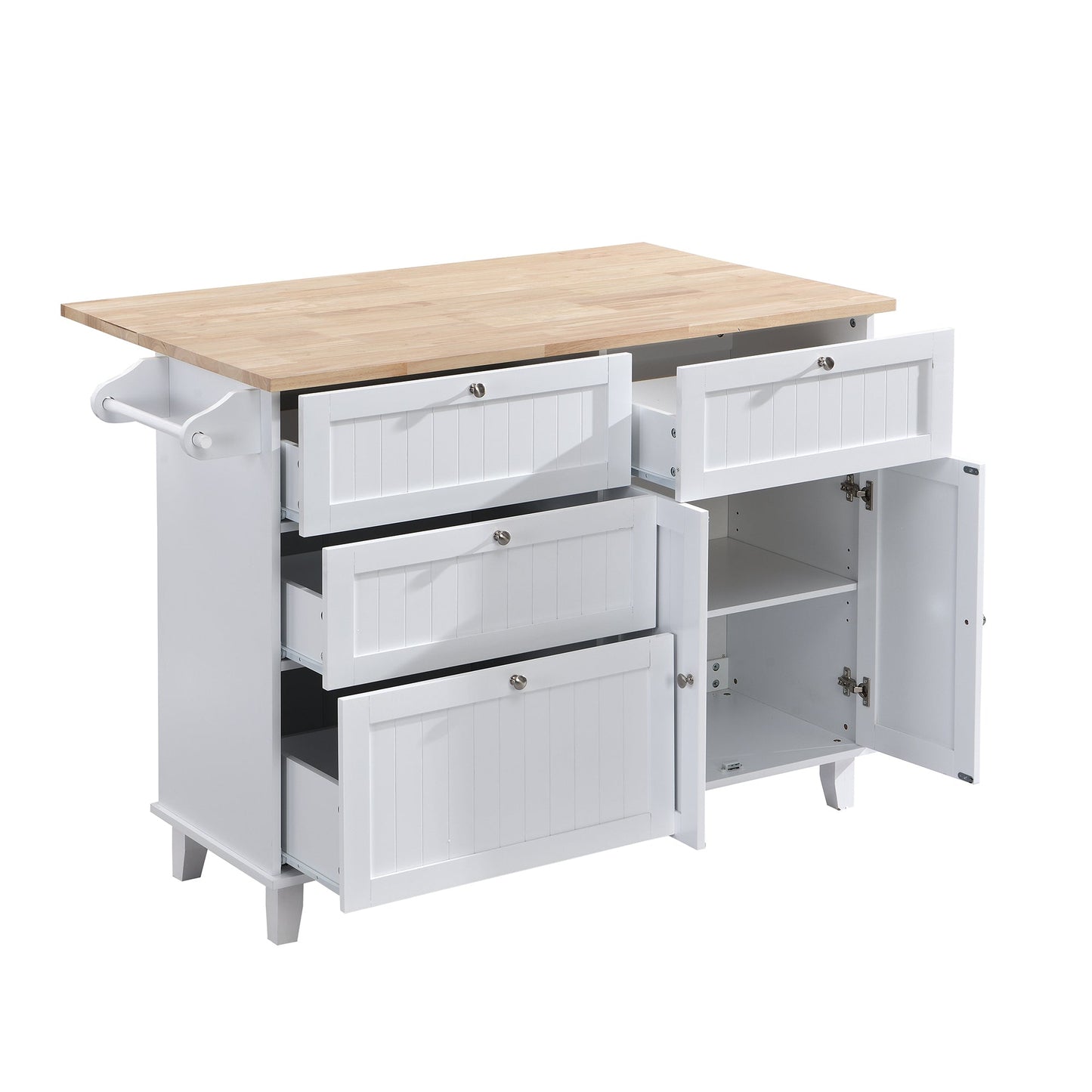 Farmhouse Kitchen Island Set With Drop Leaf and 2 Seatings,Dining Table Set With Storage Cabinet, Drawers and Towel Rack
