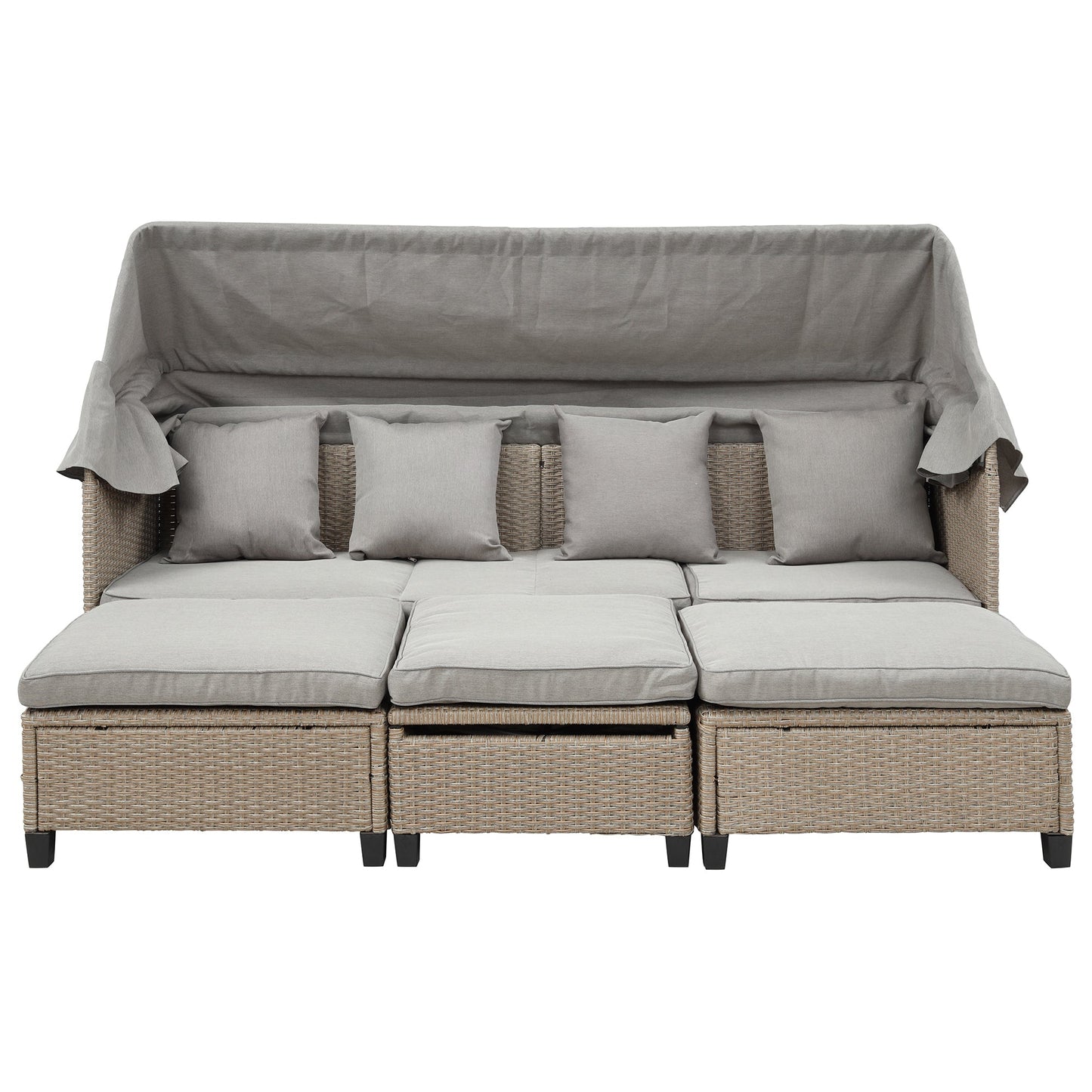 4 Piece UV-Proof Resin Wicker Patio Sofa Set With Retractable Canopy, Cushions and Lifting Table,Brown