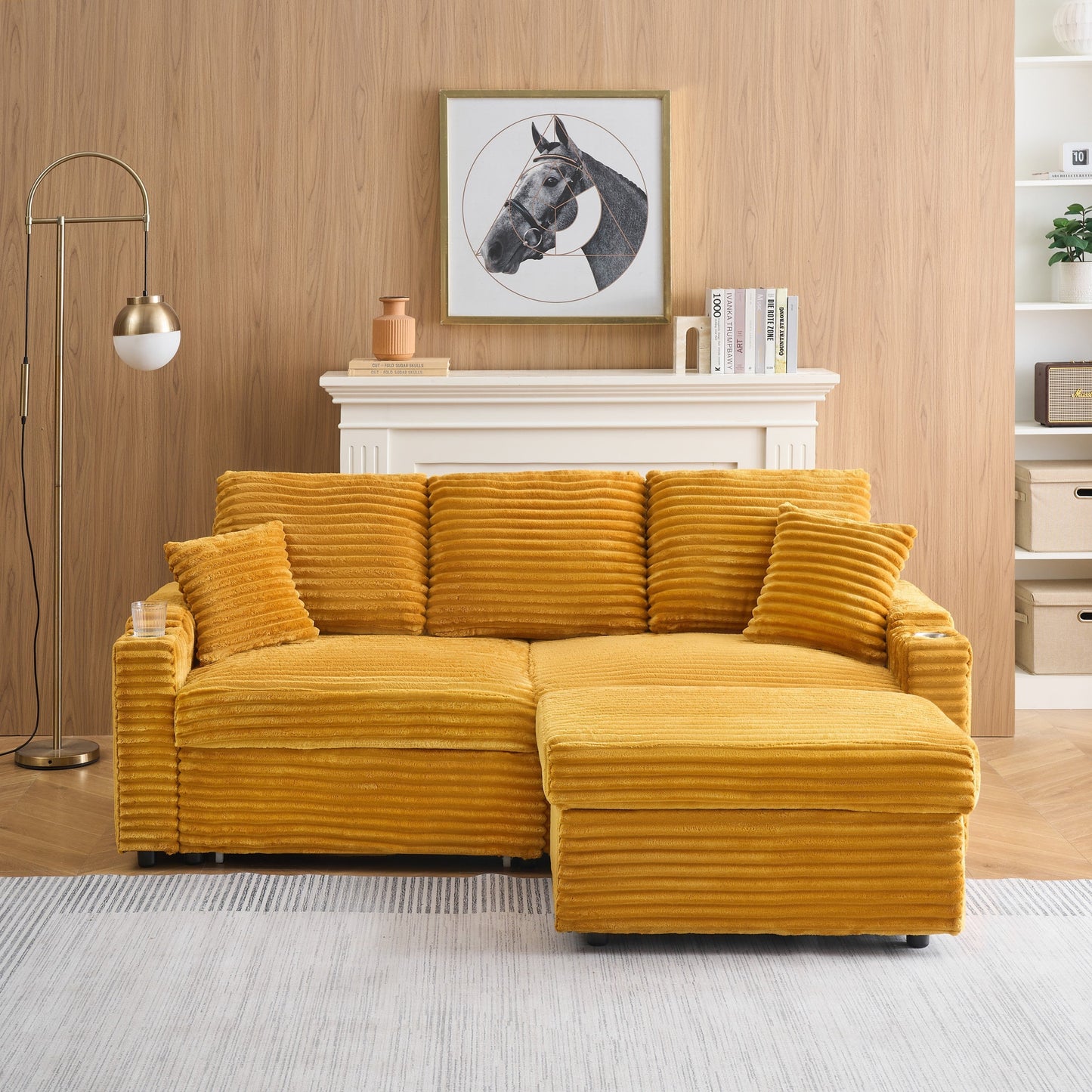 An 80-Inch Foldable and Hidden Chaise Longue Orange Corduroy Sofa With Cup Holders on the Armrests, a Footrest and Storage