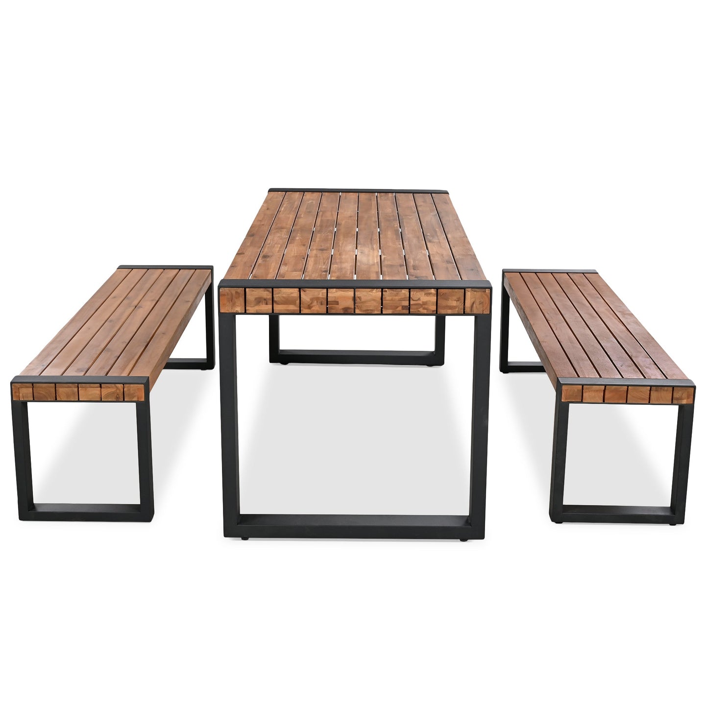 3-Pieces Outdoor Dining Table With 2 Benches, Patio Dining Set With Unique Top Texture, Acacia Wood Top & Steel Frame