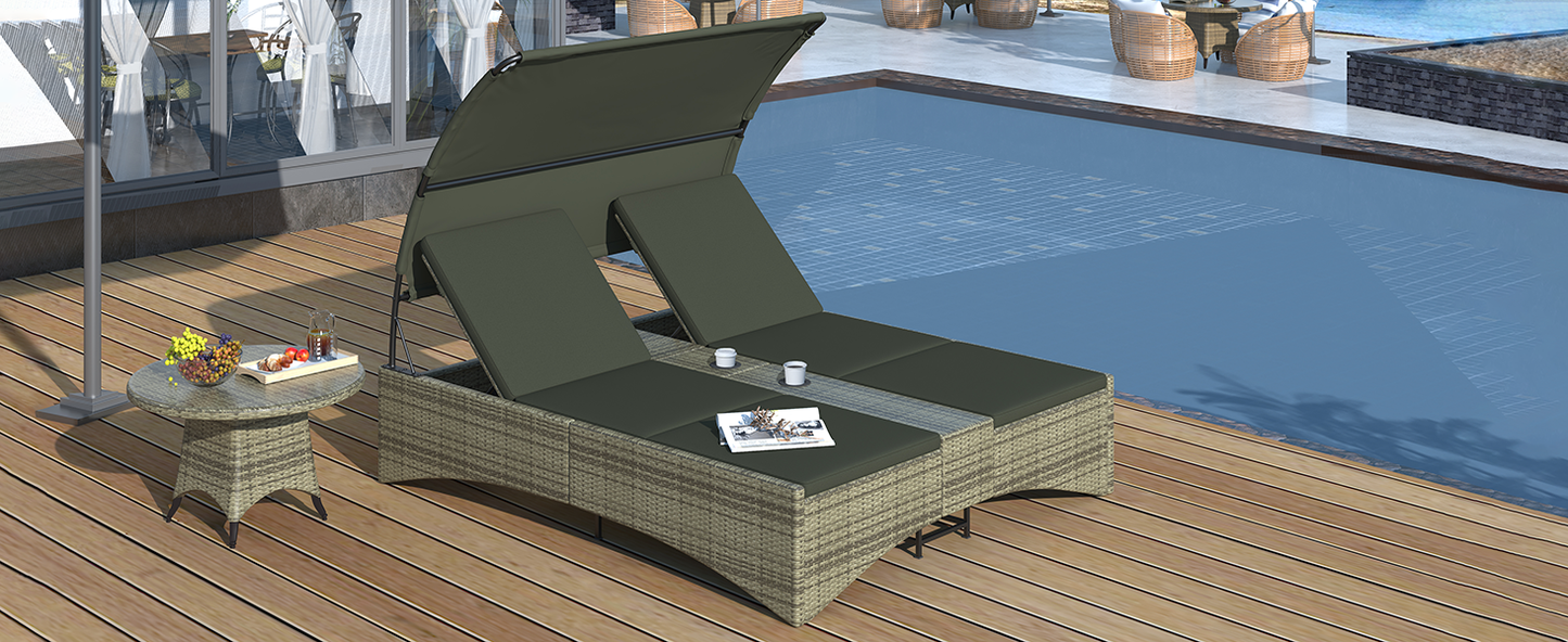 Patio Daybed Outdoor Daybed Outdoor Rattan Sun Lounger With Shelter Roof With Adjustable Backrest, Storage Box